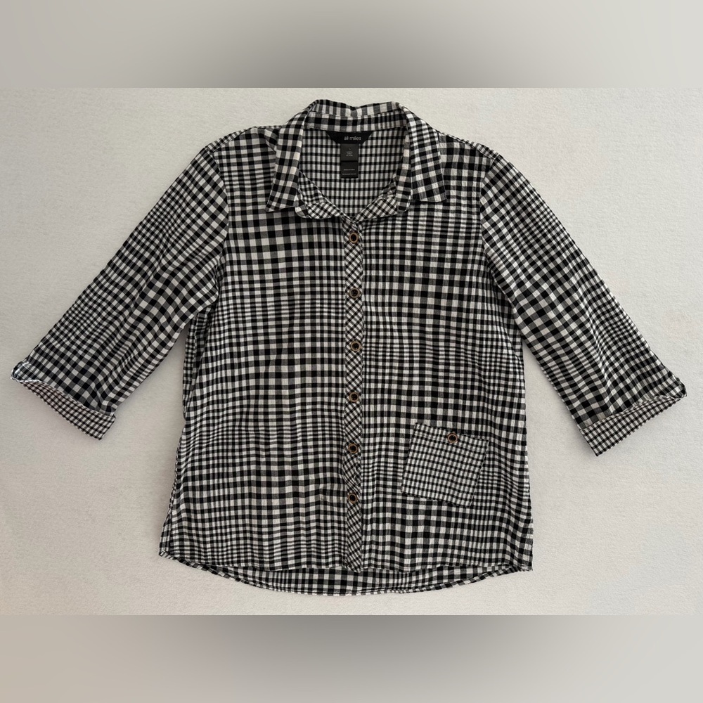 Ali Miles Black and White Gingham Casual Plaid Button-Down Shirt Size Small